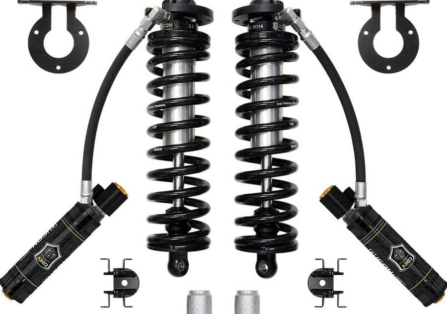 ICON 2.5 VS remote-reservoir coilover conversion kit on white: two coilovers with black springs, two reservoirs, upper mount brackets, reservoir clamps and spacers.