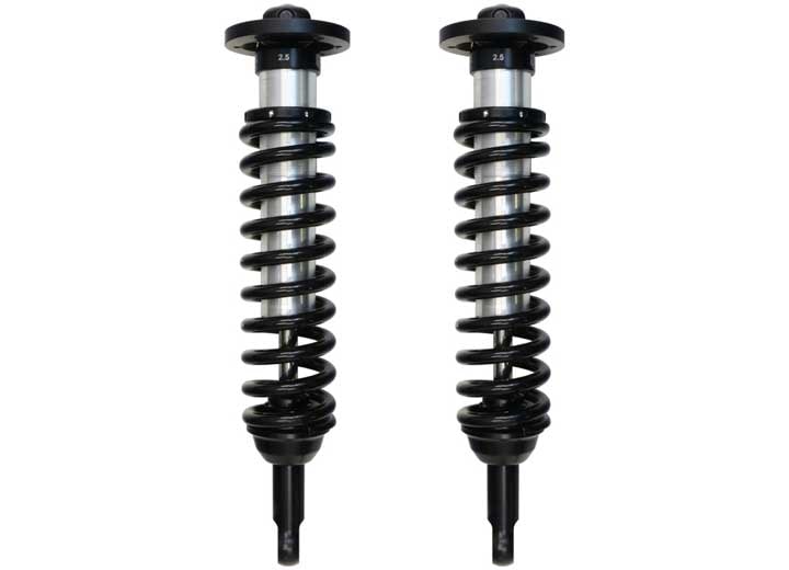A pair of ICON 2.5 VS internal-reservoir front coilovers with black springs and stem lower mounts, on white.