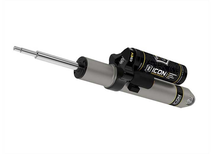 Rendered single gray ICON 2.5 aluminum series shock with CDEV electronic piggyback reservoir, laid diagonally on white.