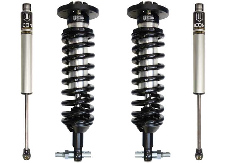 ICON Stage 1 set for GM 1500 on white with two front coilovers and two silver rear shocks.