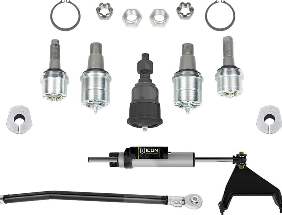 ICON Ultimate Front End Kit Stage 6 for Ford Super Duty 4WD on white: five ball joints, alignment sleeves, through-shaft steering stabilizer and adjustable track bar.