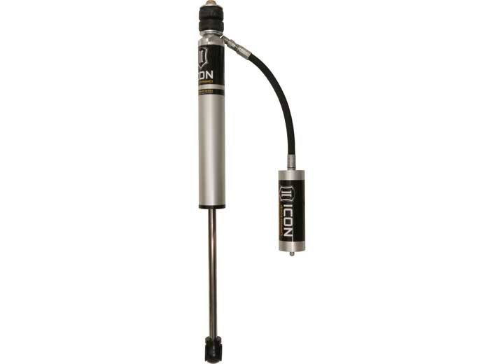 Silver ICON 2.0 aluminum series shock with bushing top, hose-linked remote reservoir and eyelet lower end on white.