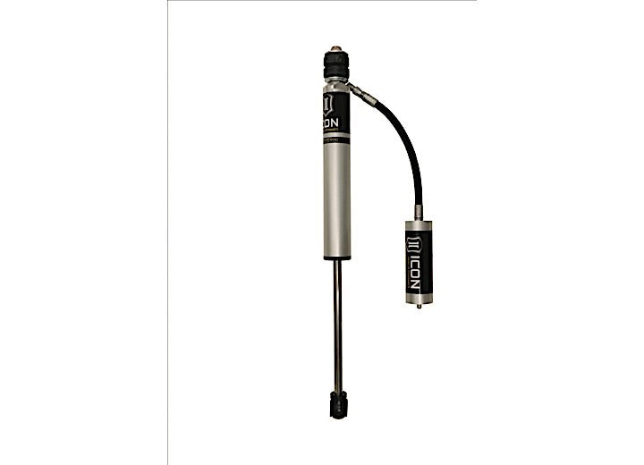 Silver ICON 2.0 aluminum series shock with bushing top and hose-linked remote reservoir, small in frame on white.