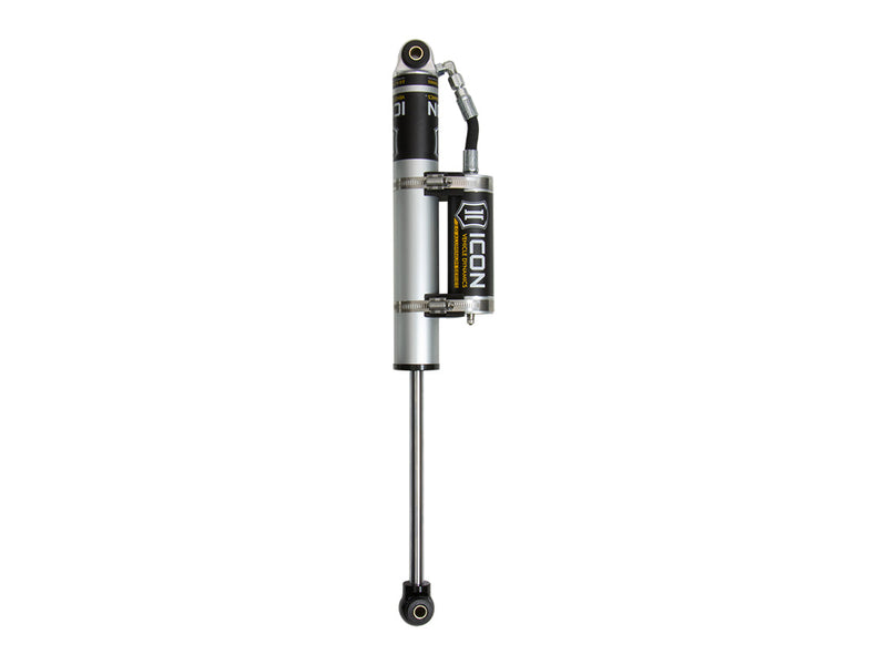 Silver ICON 2.0 aluminum series shock with a clamp-mounted reservoir alongside the body and eyelet ends, on white.