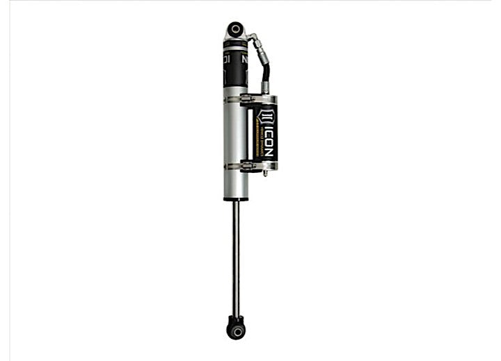 Silver ICON 2.0 aluminum series shock with a clamp-mounted reservoir alongside the body and eyelet ends, on white.