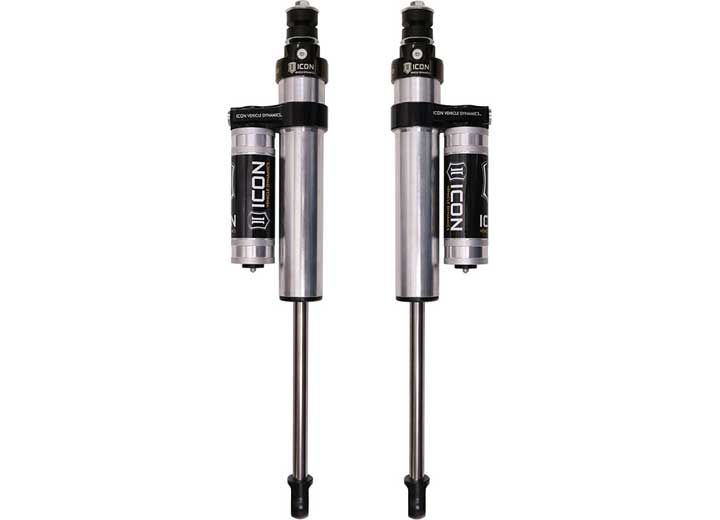 A pair of silver ICON 2.5 VS piggyback shocks with stud-bushing tops, photographed on white.