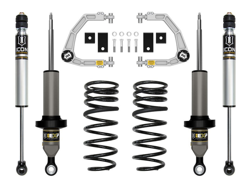 ICON Stage Suspension System for 2023-2026 Toyota Sequoia (0-2.13" Lift): Coilovers, rear coil springs, shocks and billet upper control arms on a white background.