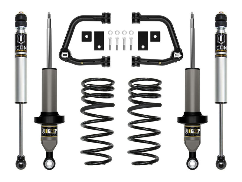 ICON Stage Suspension System for 2023-2026 Toyota Sequoia (0-2.13" Lift): Coilovers, rear coil springs, shocks and tubular upper control arms on a white background.