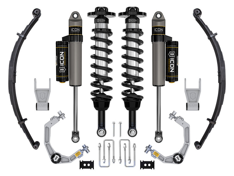 ICON Vehicle Dynamics Stage Suspension System: ICON Stage 2 set for Ford F-150 Tremor on white: front coilovers, billet UCAs, piggyback rear shocks, leaf springs, shackles and U-bolts