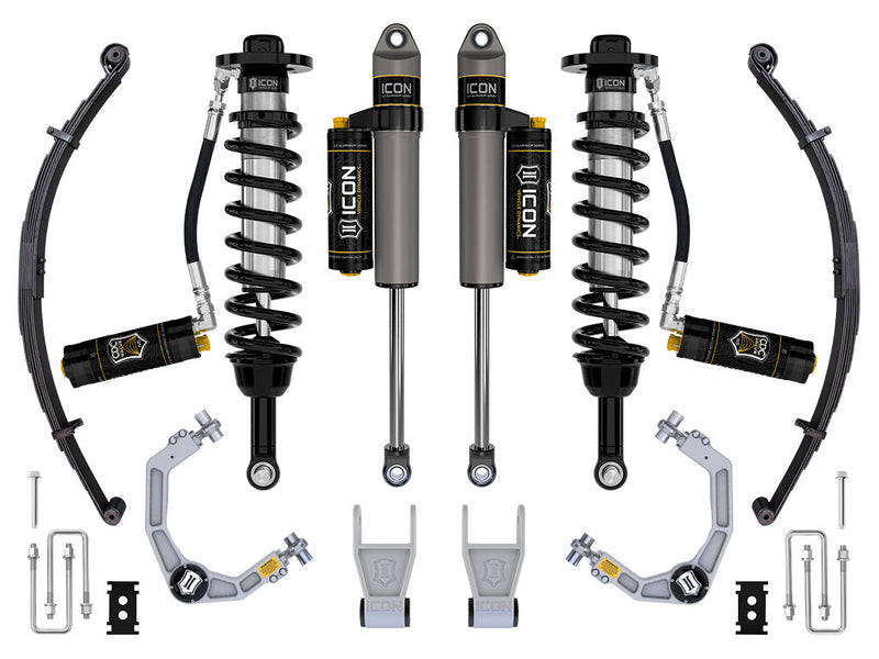 ICON Vehicle Dynamics Stage Suspension System: ICON Stage 4 set for Ford F-150 Tremor on white: CDC coilovers, billet UCAs, piggyback rear shocks, leaf springs, shackles and U-bolts