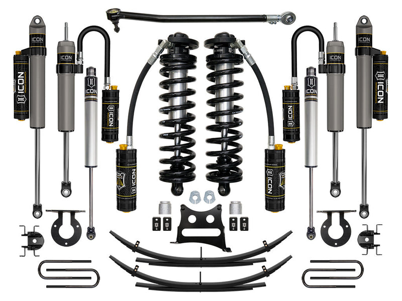 ICON Vehicle Dynamics Stage Suspension System: studio kit layout on white: coilover conversion kit: remote-reservoir front coilovers, reservoir rear shocks, stabilizers, coil buckets, rear leaf packs, U-bolts, track bar and bracket