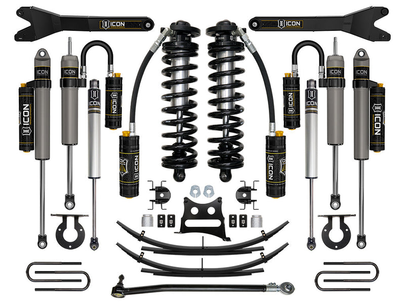 ICON Vehicle Dynamics Stage Suspension System: studio kit layout on white: coilover conversion kit: remote-reservoir front coilovers, reservoir rear shocks, stabilizers, coil buckets, rear leaf packs, U-bolts, track bar and ICON radius arms