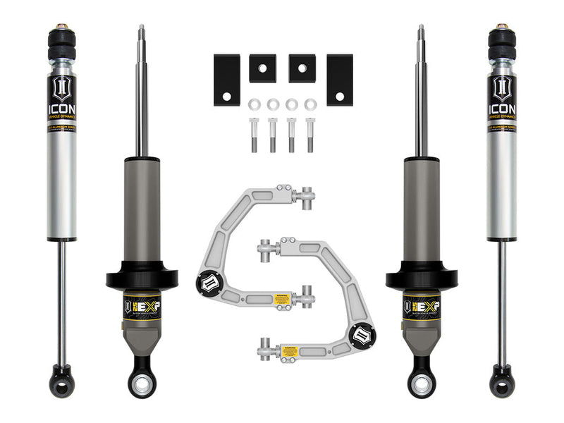 ICON Vehicle Dynamics Stage Suspension System: studio kit layout on white: kit: pair of front 2.5 EXP struts, rear shocks, billet UCAs, spacers and hardware