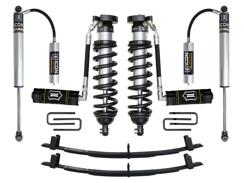 ICON Vehicle Dynamics Stage Suspension System: studio kit layout on white: kit: remote-reservoir front coilovers, rear remote-reservoir shocks, rear leaf packs and U-bolts
