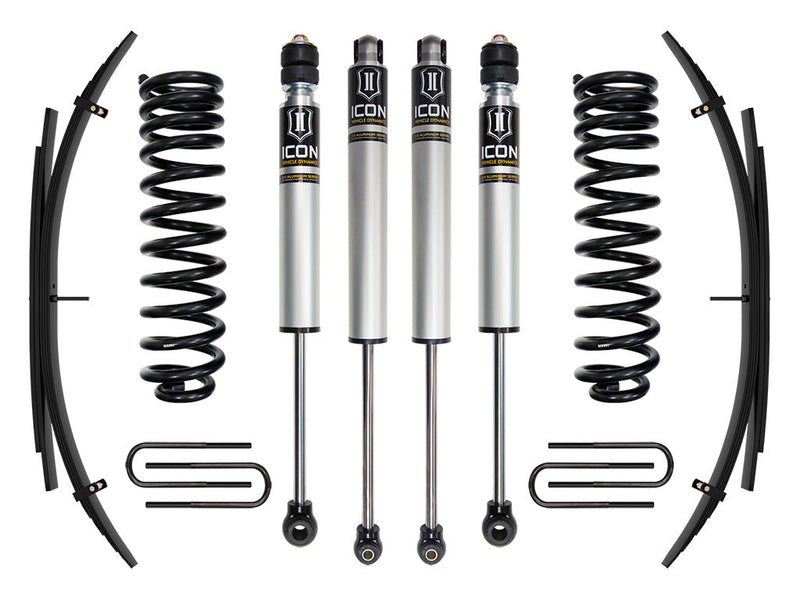 ICON Vehicle Dynamics Stage Suspension System: studio kit layout on white: Stage kit: front coil springs, four shocks, rear leaf packs and U-bolts
