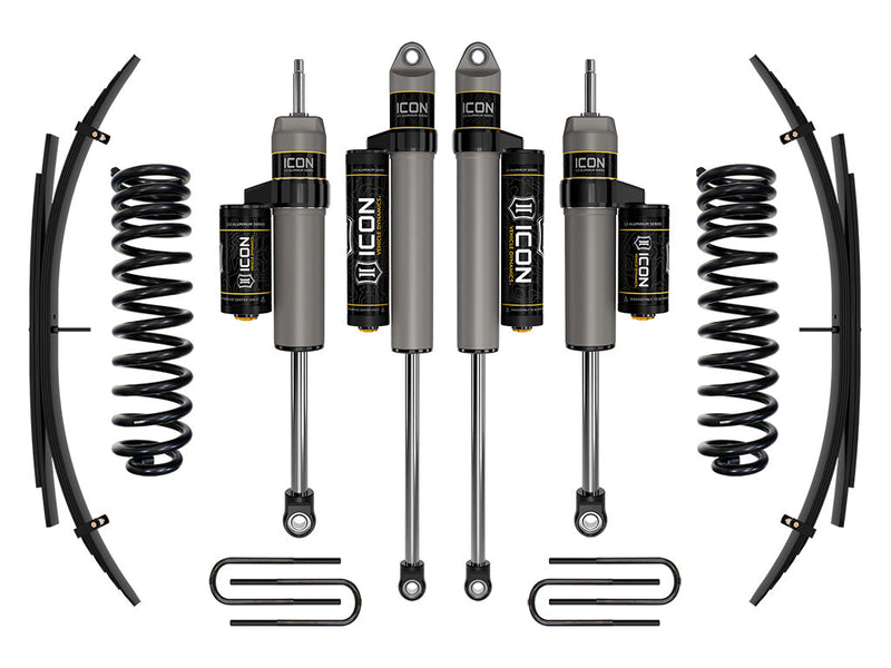 ICON Vehicle Dynamics Stage Suspension System: studio kit layout on white: Stage kit: front coil springs, four piggyback-reservoir shocks, rear leaf packs and U-bolts