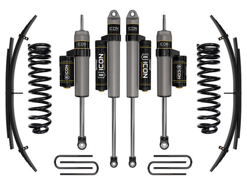 ICON Vehicle Dynamics Stage Suspension System: studio kit layout on white: Stage kit: front coil springs, four piggyback-reservoir shocks, rear leaf packs and U-bolts