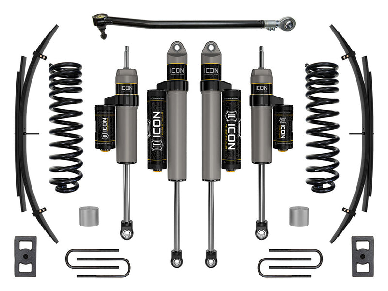 ICON Vehicle Dynamics Stage Suspension System: studio kit layout on white: Stage kit: front coil springs, four piggyback shocks, rear leaf packs, blocks, U-bolts and spacers (part K62593L)