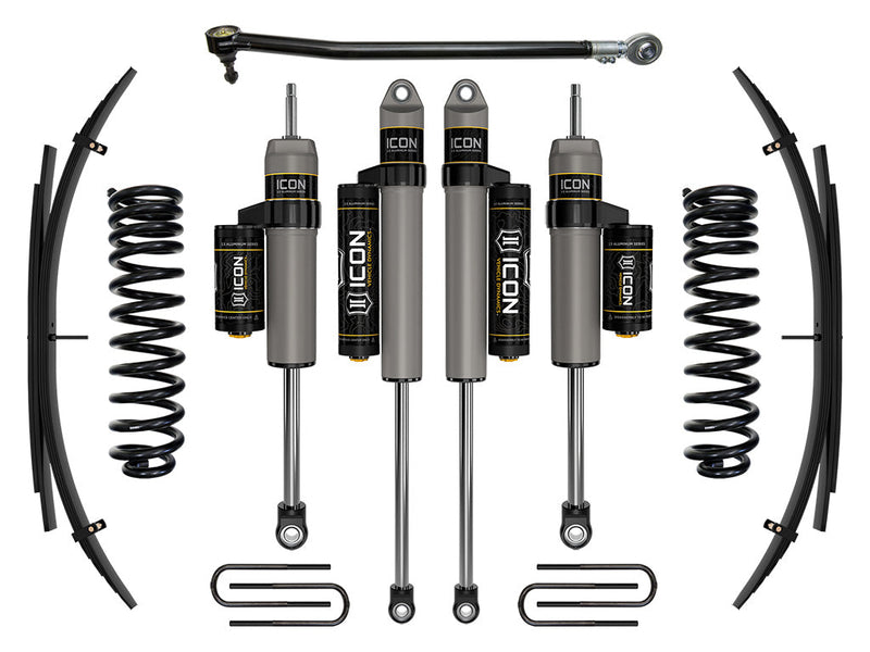 ICON Vehicle Dynamics Stage Suspension System: studio kit layout on white: Stage kit: front coil springs, four piggyback shocks, rear leaf packs, U-bolts and adjustable track bar