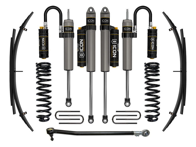 ICON Vehicle Dynamics Stage Suspension System: studio kit layout on white: Stage kit: front coil springs, remote-reservoir shocks, piggyback shocks, rear leaf packs, U-bolts and adjustable track bar