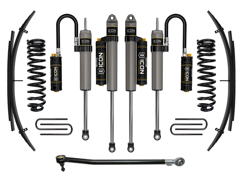 ICON Vehicle Dynamics Stage Suspension System: studio kit layout on white: Stage kit: front coil springs, remote-reservoir and piggyback shocks, rear leaf packs, U-bolts and adjustable track bar