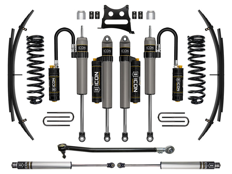 ICON Vehicle Dynamics Stage Suspension System: studio kit layout on white: Stage kit: front coil springs, remote-reservoir and piggyback shocks, rear leaf packs, stabilizer shocks, track bar, bracket and U-bolts