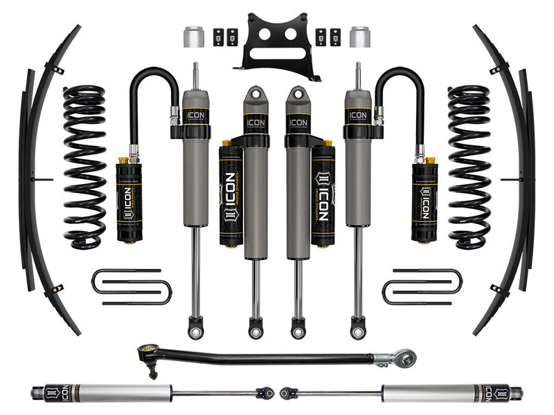ICON Vehicle Dynamics Stage Suspension System: studio kit layout on white: Stage kit: front coil springs, remote-reservoir and piggyback shocks, rear leaf packs, stabilizer shocks, track bar, bracket and U-bolts