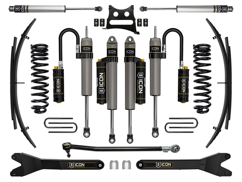 ICON Vehicle Dynamics Stage Suspension System: studio kit layout on white: Stage kit: front coil springs, remote-reservoir and piggyback shocks, rear leaf packs, dual steering stabilizers, track bar, ICON radius arms and bracket