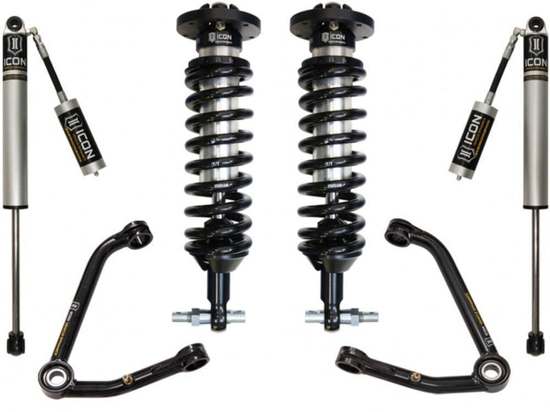 ICON GM stage kit layout on white: coilovers, reservoir rear shocks and tubular upper control arms