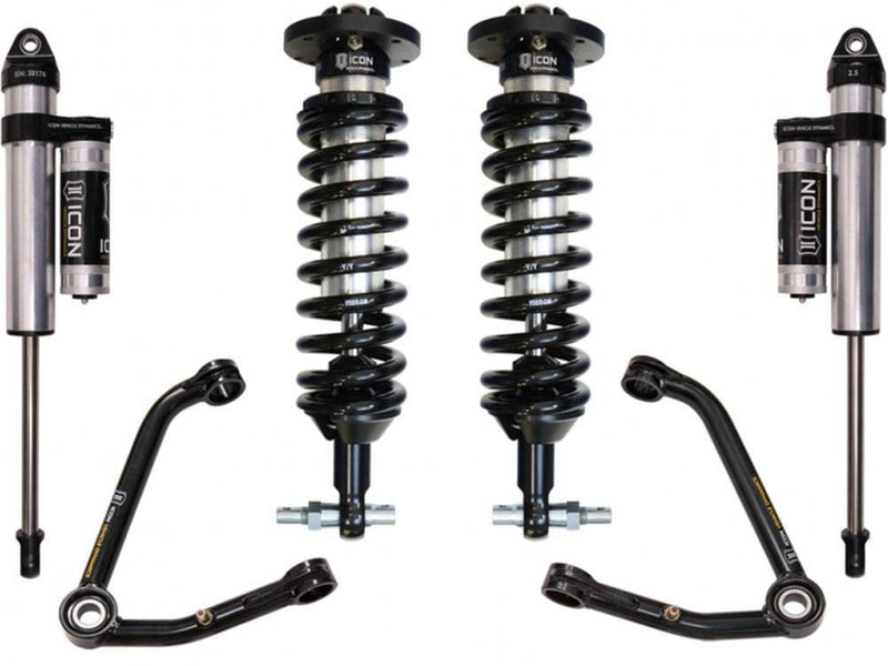 ICON GM stage kit layout on white: coilovers, piggyback rear shocks and tubular upper control arms
