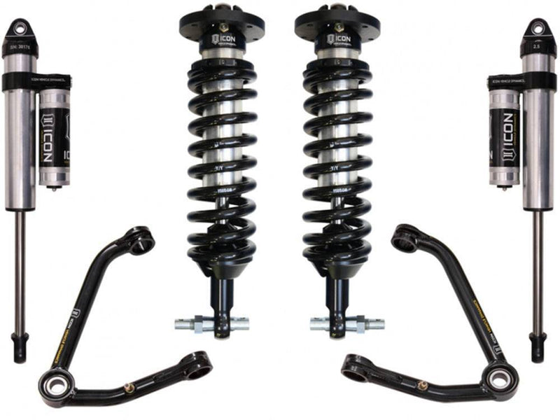 ICON GM stage kit layout on white: coilovers, piggyback rear shocks and tubular upper control arms
