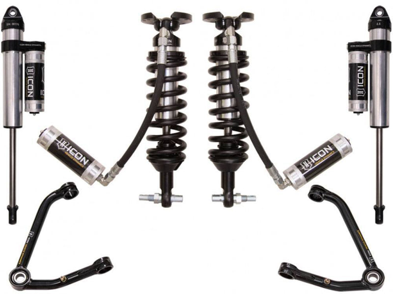 ICON GM stage kit layout on white: remote reservoir coilovers, piggyback rear shocks and tubular upper control arms