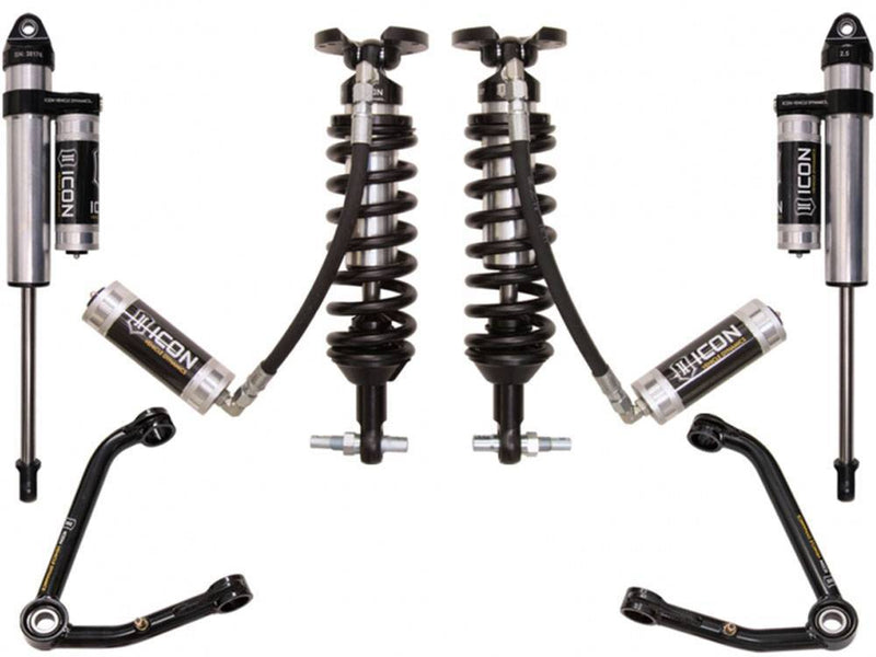 ICON GM stage kit layout on white: remote reservoir coilovers, piggyback rear shocks and tubular upper control arms