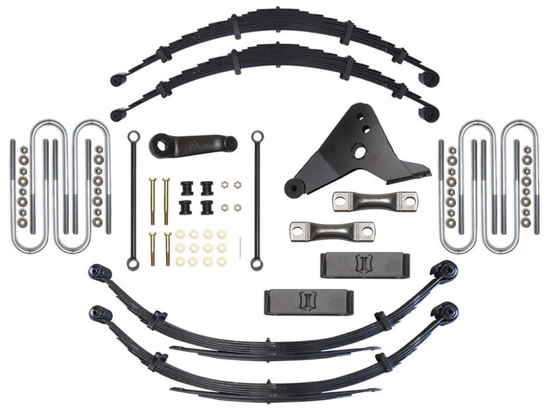 ICON leaf spring lift kit layout on white: front and rear leaf packs, blocks, U-bolts, pitman arm and hardware