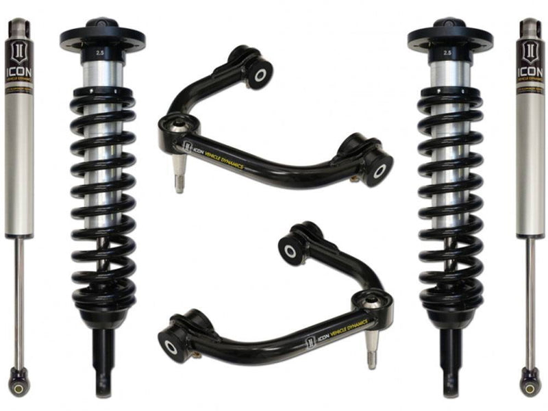 ICON F-150 stage kit layout on white: coilovers, rear shocks and tubular upper control arms