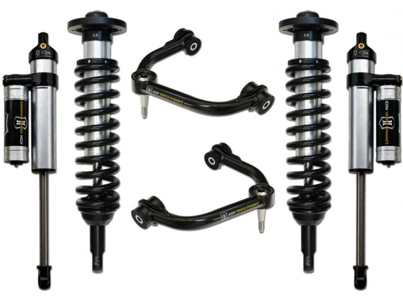 ICON F-150 stage kit layout on white: coilovers, reservoir rear shocks and tubular upper control arms