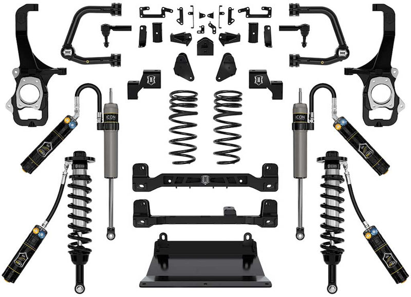 Studio kit layout on white: lift kit: CDEV front coilovers, rear reservoir shocks, rear coil springs, tubular UCAs, crossmembers, skid plate, knuckles and brackets.