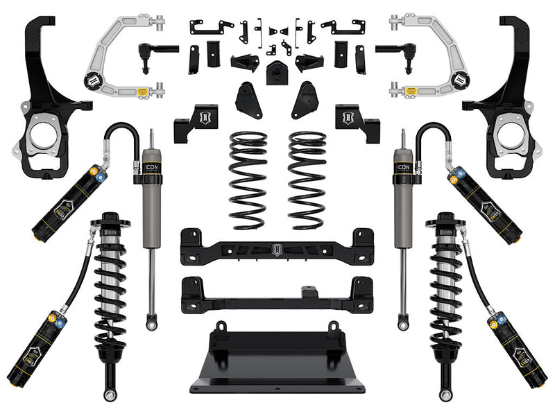 Studio kit layout on white: lift kit: CDEV front coilovers, rear reservoir shocks, rear coil springs, billet UCAs, crossmembers, skid plate, knuckles and brackets.