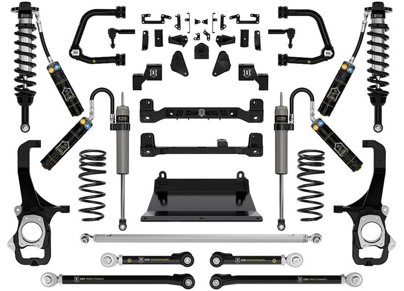 Studio kit layout on white: lift kit: CDEV front coilovers, rear reservoir shocks, rear coil springs, tubular UCAs, rear links, track bar, crossmembers, skid plate and knuckles.