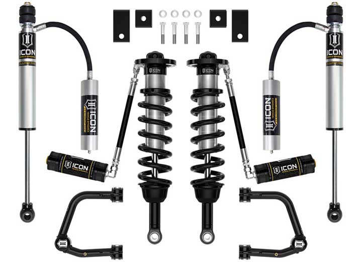 Studio kit layout on white: kit: remote-reservoir front coilovers, rear remote-reservoir shocks, billet UCAs, spacers and hardware.