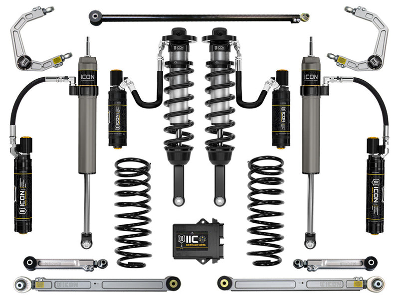 Studio kit layout on white: kit with IIC control module: remote-reservoir front coilovers, rear remote-reservoir shocks, rear coil springs, billet UCAs, rear links and track bar.