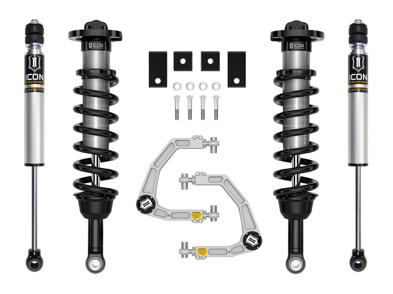 Studio kit layout on white: kit: pair of front coilovers, rear shocks, billet UCAs, spacers and hardware.