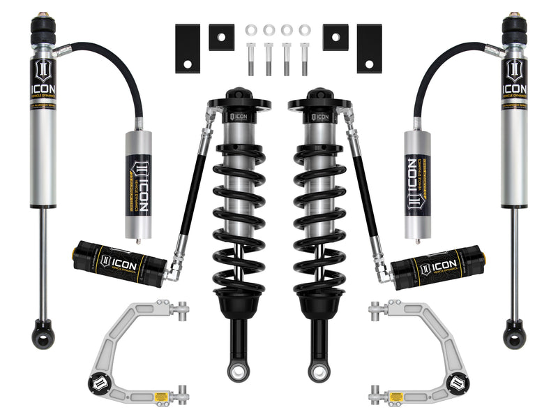 Studio kit layout on white: kit: remote-reservoir front coilovers, rear remote-reservoir shocks, billet UCAs, spacers and hardware.