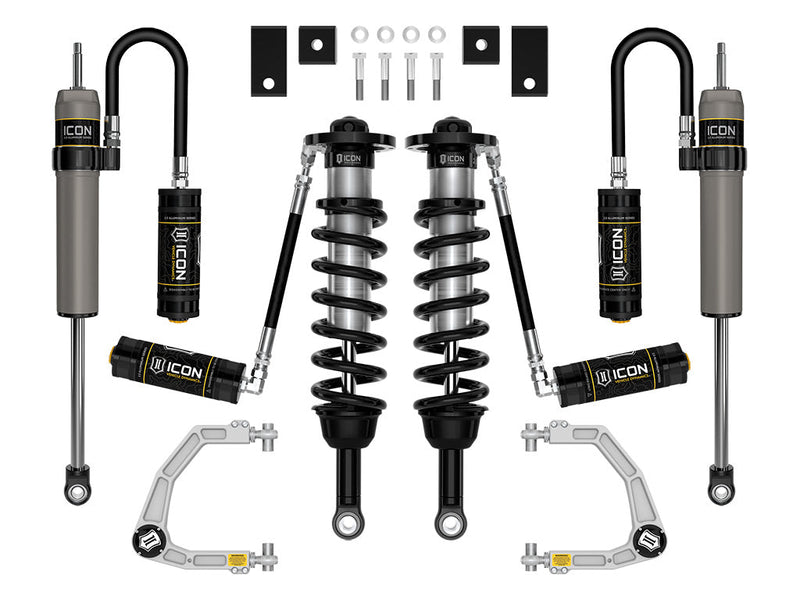 Studio kit layout on white: kit: remote-reservoir front coilovers, rear piggyback/remote shocks, tubular UCAs, spacers and hardware.