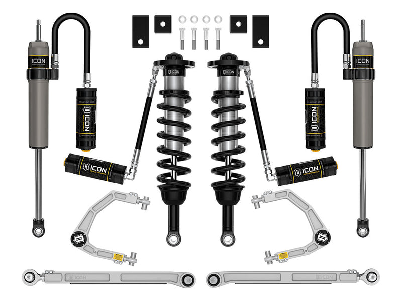 Studio kit layout on white: kit: remote-reservoir front coilovers, rear remote-reservoir shocks, billet UCAs, rear links, spacers and hardware.