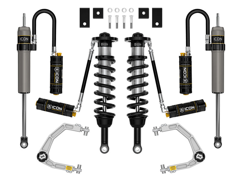 Studio kit layout on white: kit: remote-reservoir front coilovers, rear remote-reservoir shocks, billet UCAs, spacers and hardware.