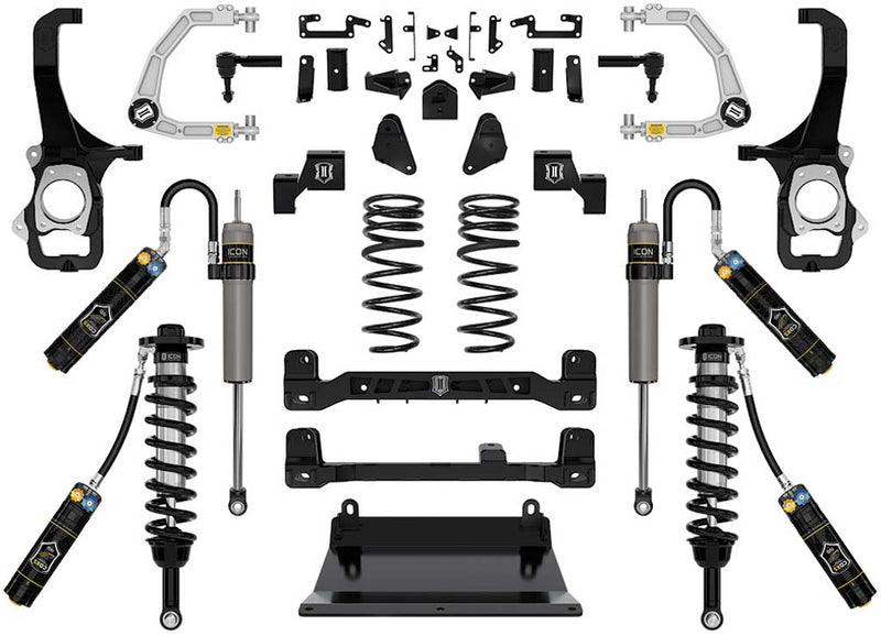 Studio kit layout on white: lift kit: CDEV front coilovers, rear reservoir shocks, rear coil springs, billet UCAs, crossmembers, skid plate, knuckles and brackets.