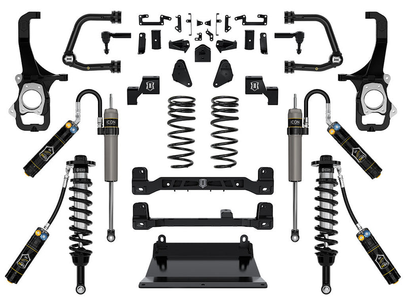 Studio kit layout on white: lift kit: CDEV front coilovers, rear reservoir shocks, rear coil springs, tubular UCAs, crossmembers, skid plate, knuckles and brackets.