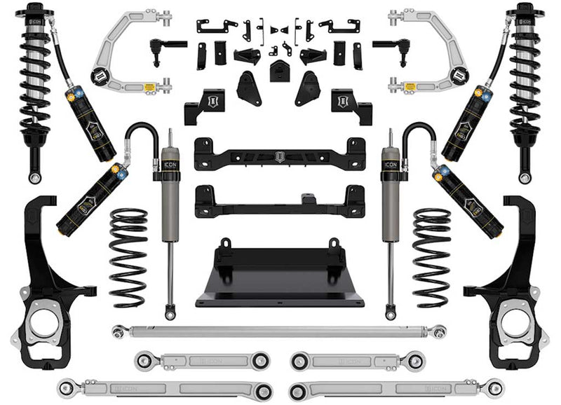 Studio kit layout on white: lift kit: CDEV front coilovers, rear reservoir shocks, rear coil springs, billet UCAs, rear links, track bar, crossmembers, skid plate and knuckles.