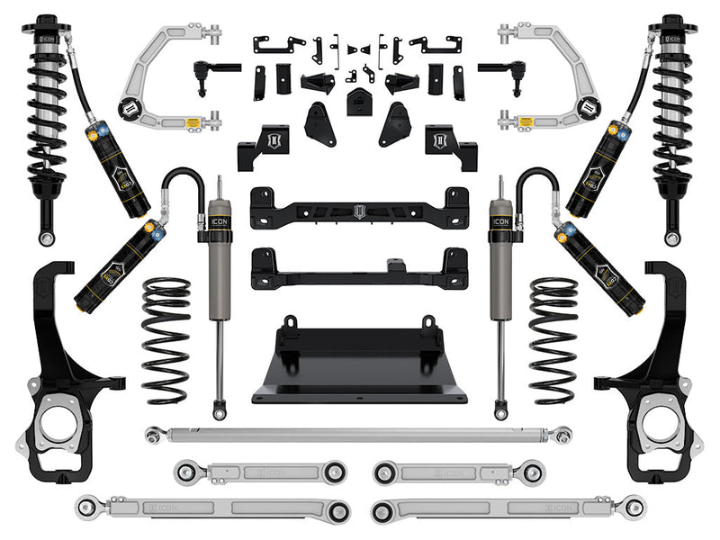 Studio kit layout on white: lift kit: CDEV front coilovers, rear reservoir shocks, rear coil springs, billet UCAs, rear links, track bar, crossmembers, skid plate and knuckles.
